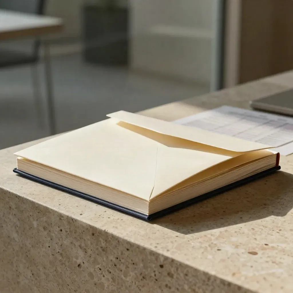 Half-open growth plan booklet on travertine plinth with a subtle navy tab in soft studio light.