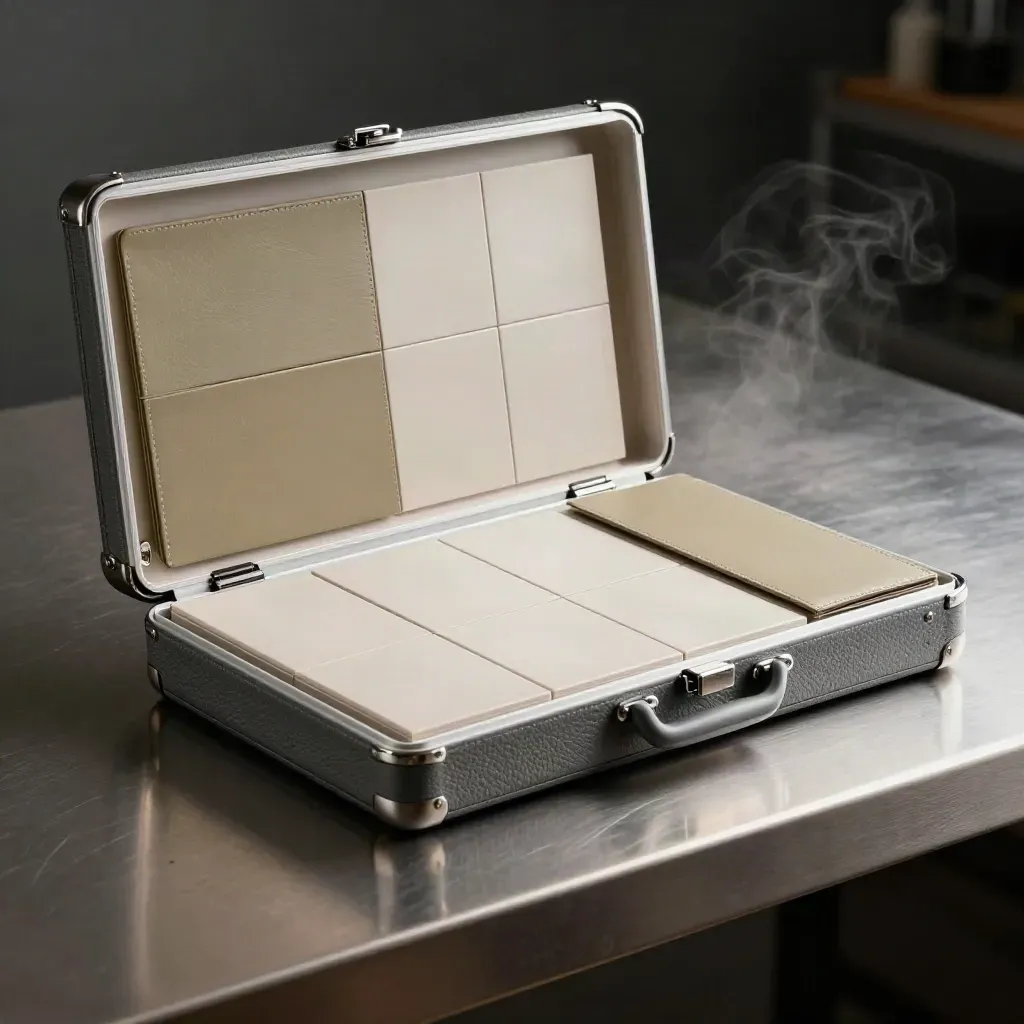 Open KPI pack case with modular inserts and report sleeves on brushed steel, lit dramatically.