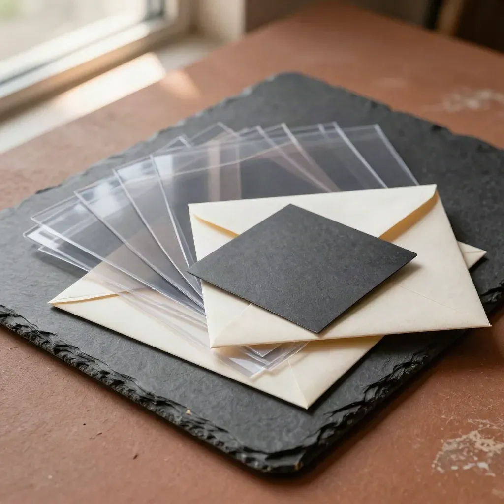 Translucent funding deck folio with sealed envelope on terracotta plaster, lit from above.