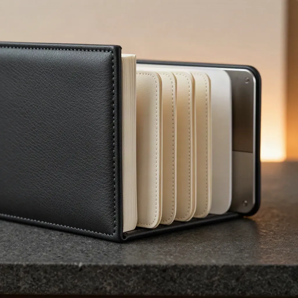 Macro of a charcoal retainer folio with four ivory sleeves and a linen-bound logbook on dark stone.
