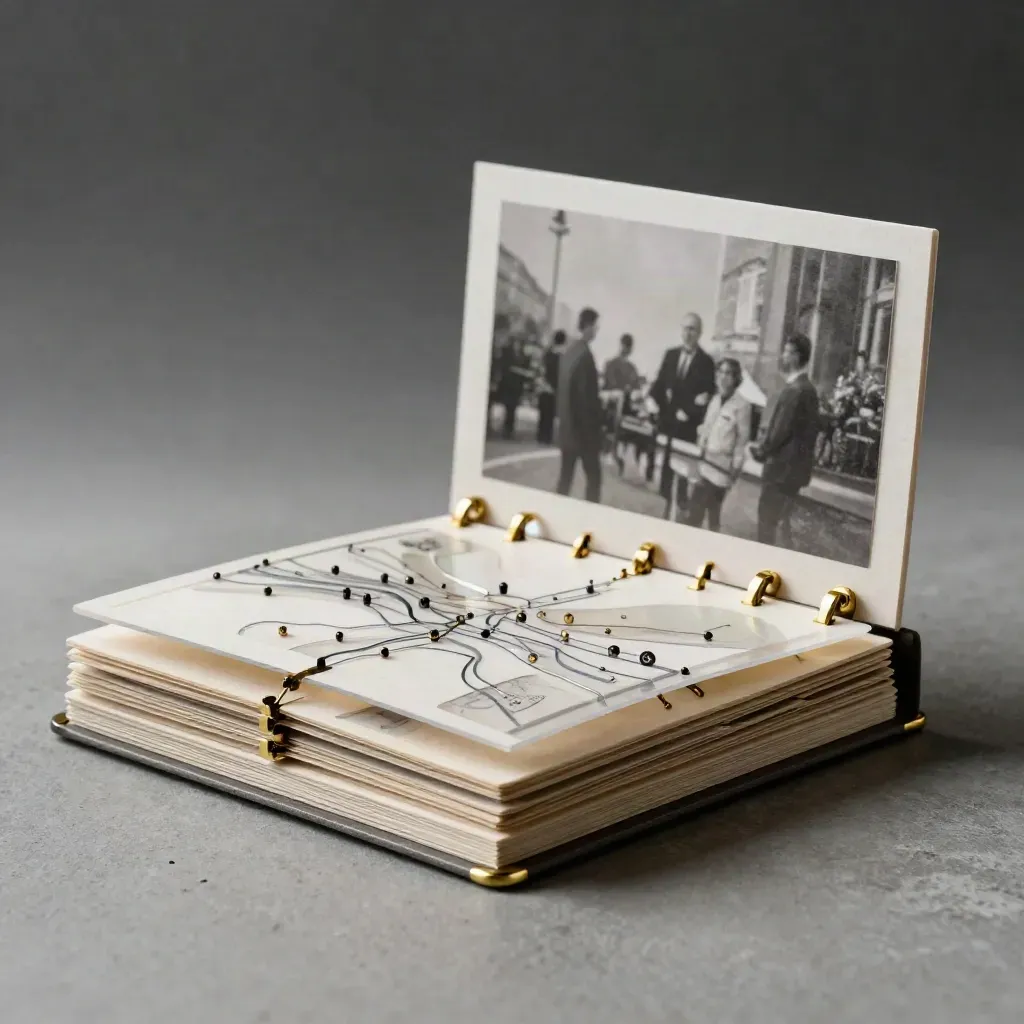 Layered process map folio with translucent overlays and brass hardware on concrete