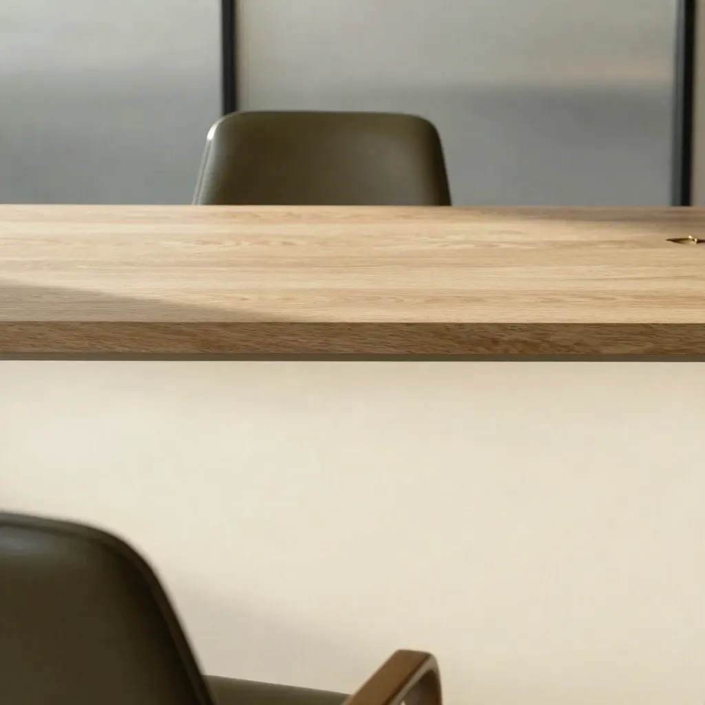 Pale oak tabletop beside a leather chair silhouette and frosted glass in soft morning light.