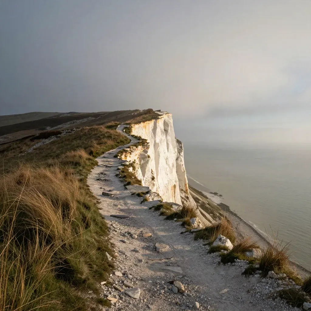 Chalk cliff path above a hazy sea, grasses and weathered rock under drifting cloud shadow.