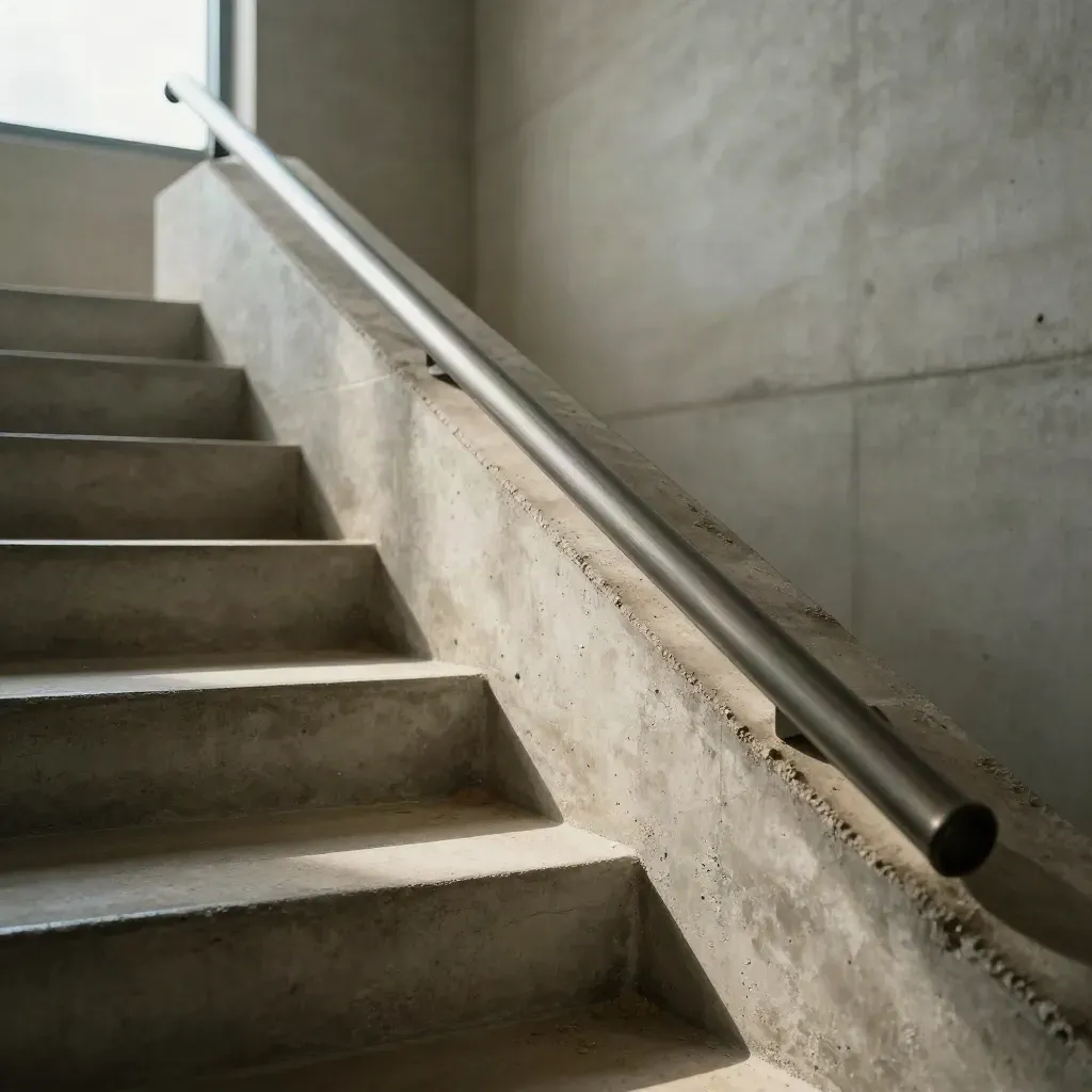 Concrete stairwell detail with brushed handrail, sun tracing steps, calm lower space for copy.