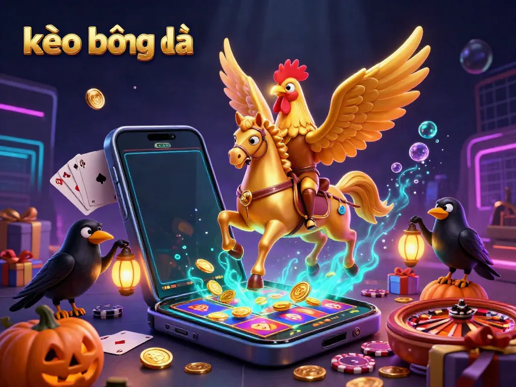 Experience the excitement of kèo bóng đá with a dynamic casino scene featuring a golden rooster and spooky companions.