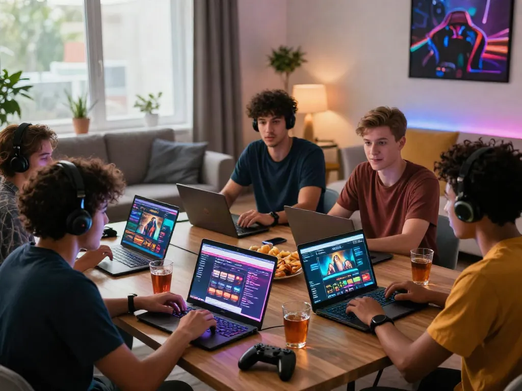 Friends discussing online casinos not on GamStop in a lively gaming setting.