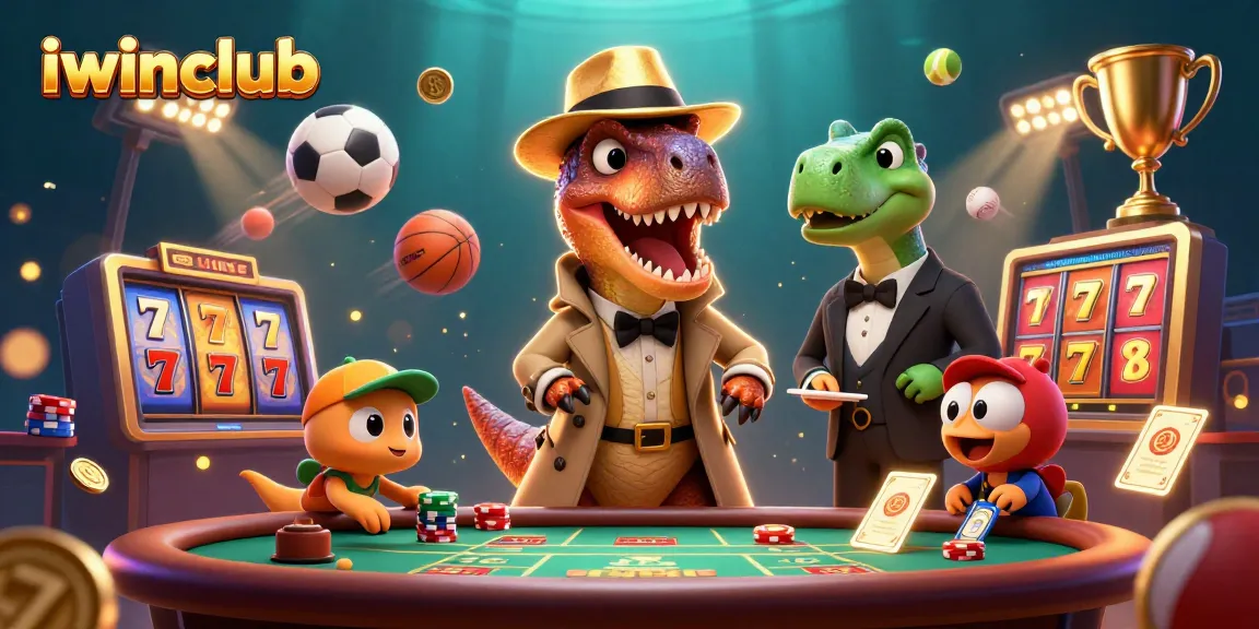 Engage with iwinclub's dynamic gambling world, featuring animated characters at a slot game table.