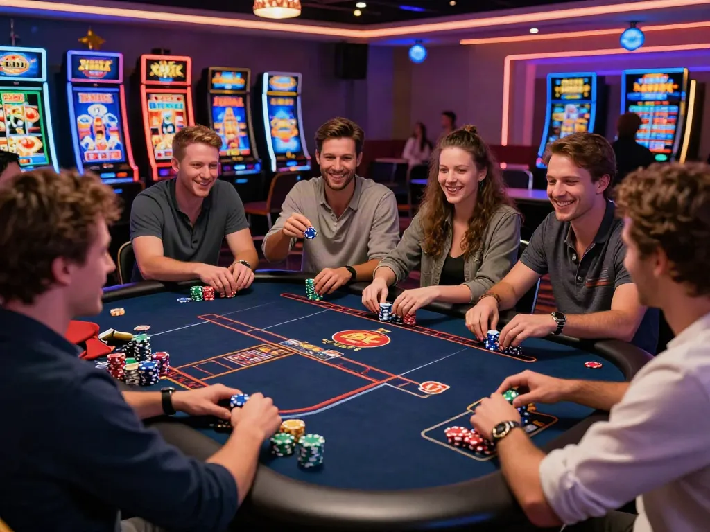 Players enjoying vibrant online casinos not on gamstop with high-tech gaming consoles.
