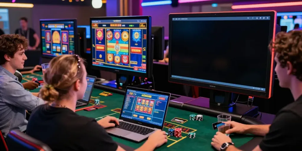 Exciting scene of players at online credit card casinos celebrating a win with vibrant gaming screens.