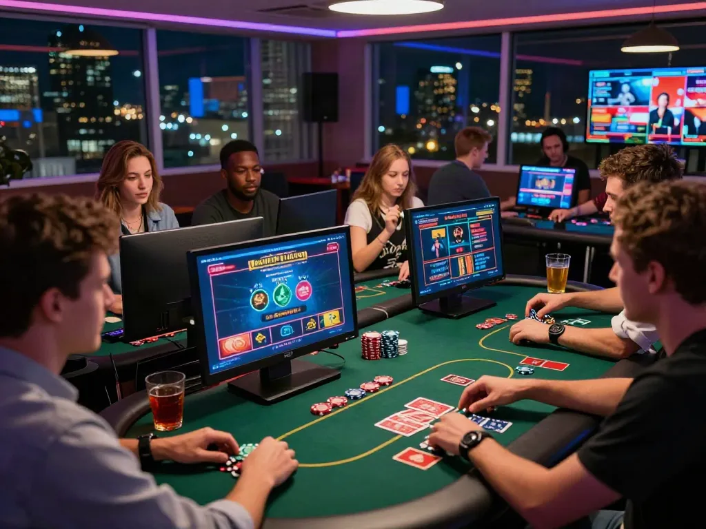 Friends enjoying online casinos not on gamstop with vibrant gaming environment.