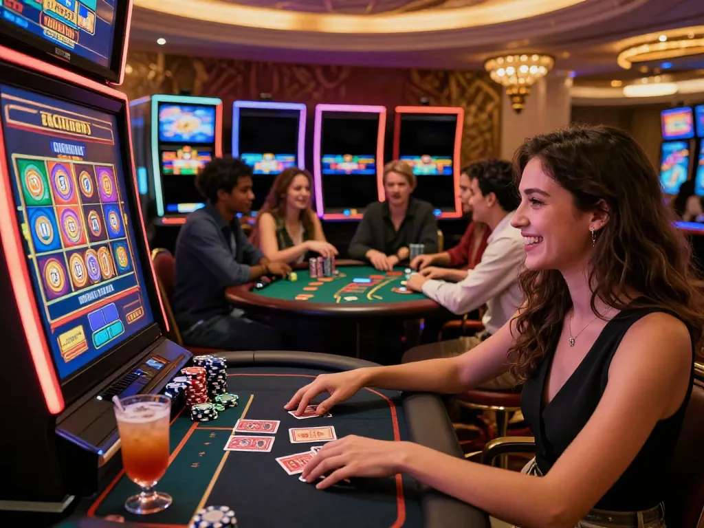 Players enjoying online casinos not on gamstop in a vibrant casino setting with dynamic lighting.
