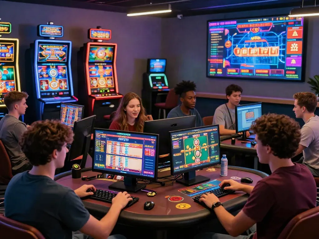 Players enjoying thrilling online casinos not on GamStop in a vibrant virtual gaming lounge, showcasing interactive games.