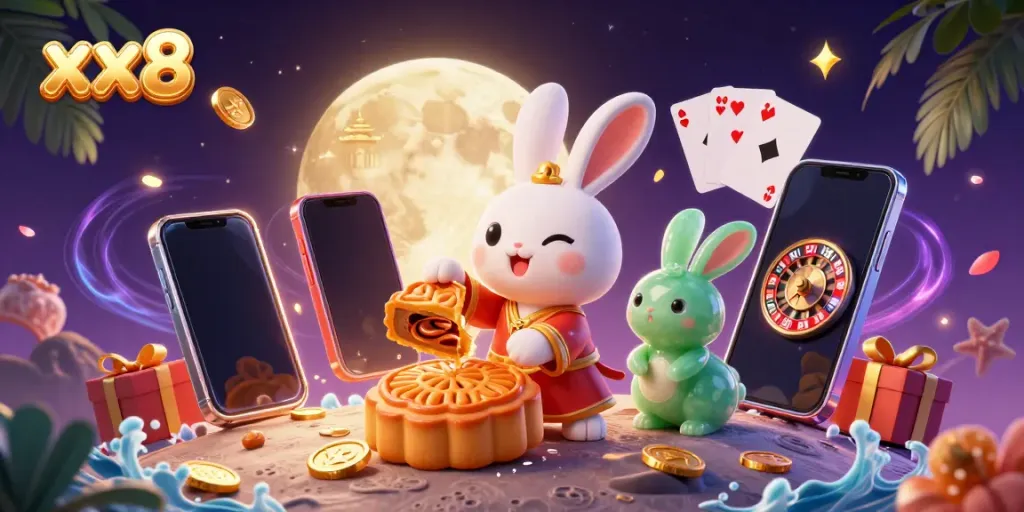 Experience the excitement of casino gaming with the xx8-themed illustration featuring a moon rabbit scene.