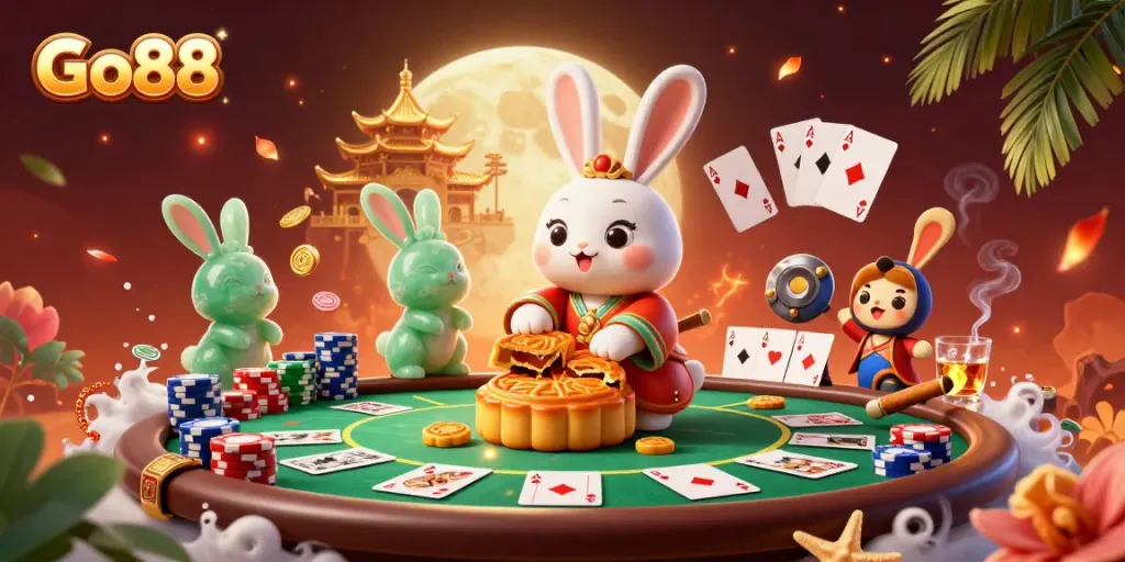 Go88's moon rabbit reveals poker chips while surrounded by vibrant casino elements.