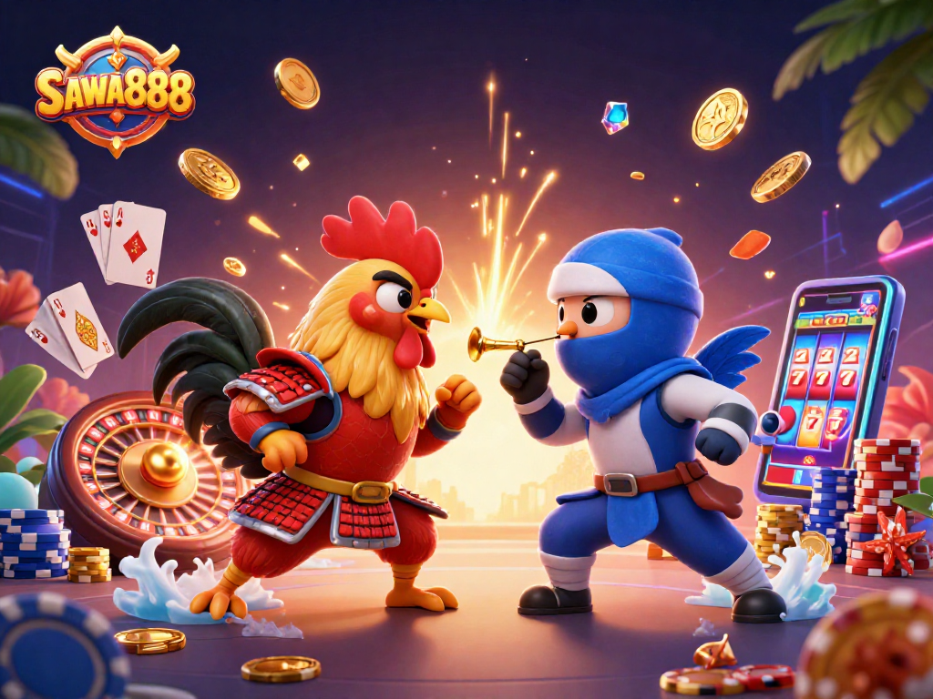 SAWA888 showcases dynamic fighting roosters in an exciting casino scene full of gold coins and cards.