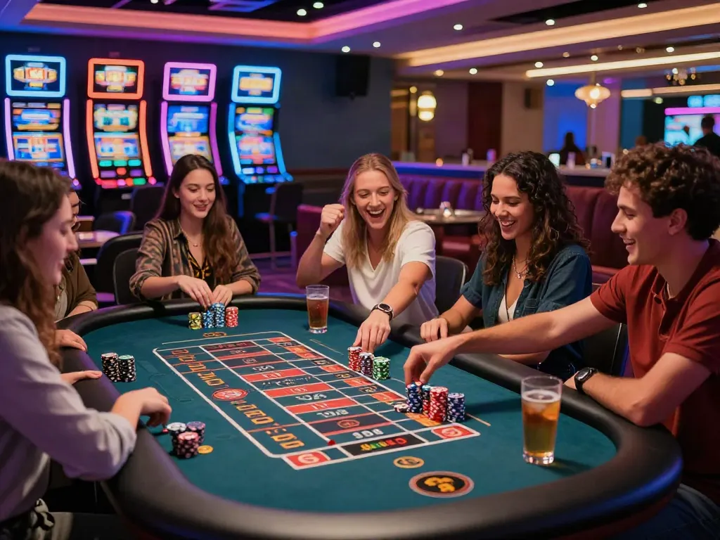 Group enjoying online casinos not on gamstop at a vibrant gaming lounge.