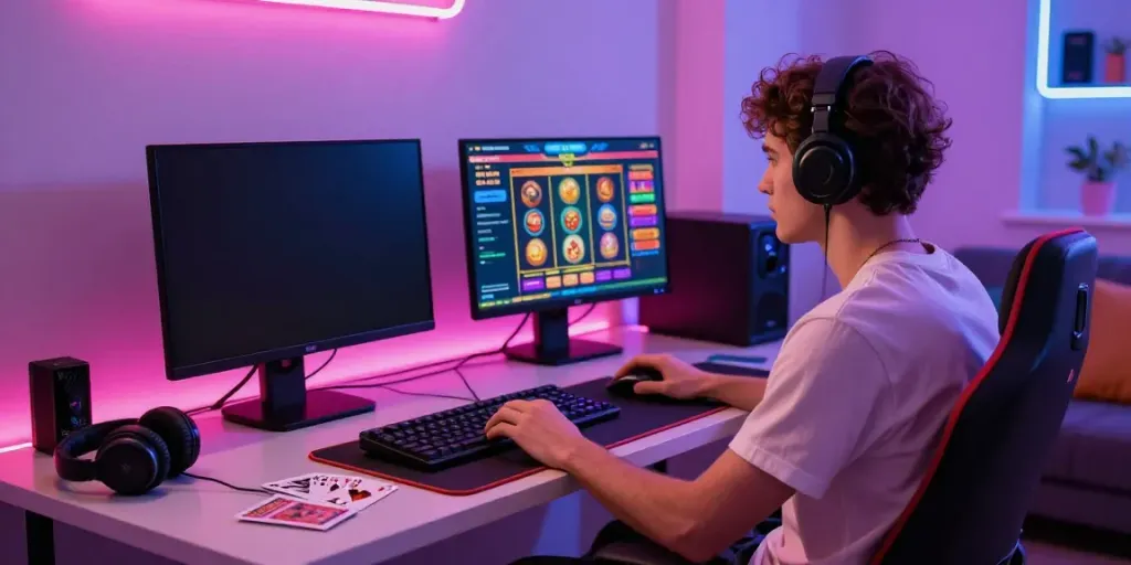 Engaging gaming room scene highlighting online casinos not on GamStop with colorful monitors and gaming accessories.