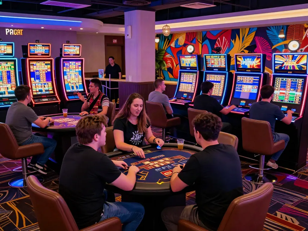 Enjoying the excitement of online casinos not on gamstop with vibrant gaming atmosphere, players engaged in lively activities.