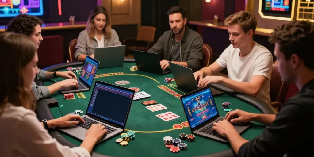Friends enjoying online casinos not on GamStop, engaging in vibrant gaming atmosphere.