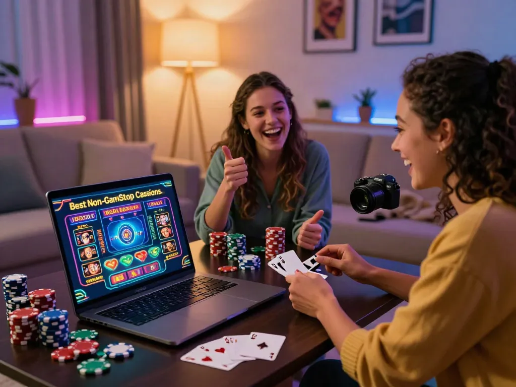 Couple enjoying online casinos not on gamstop on stylish laptop in cozy living room.