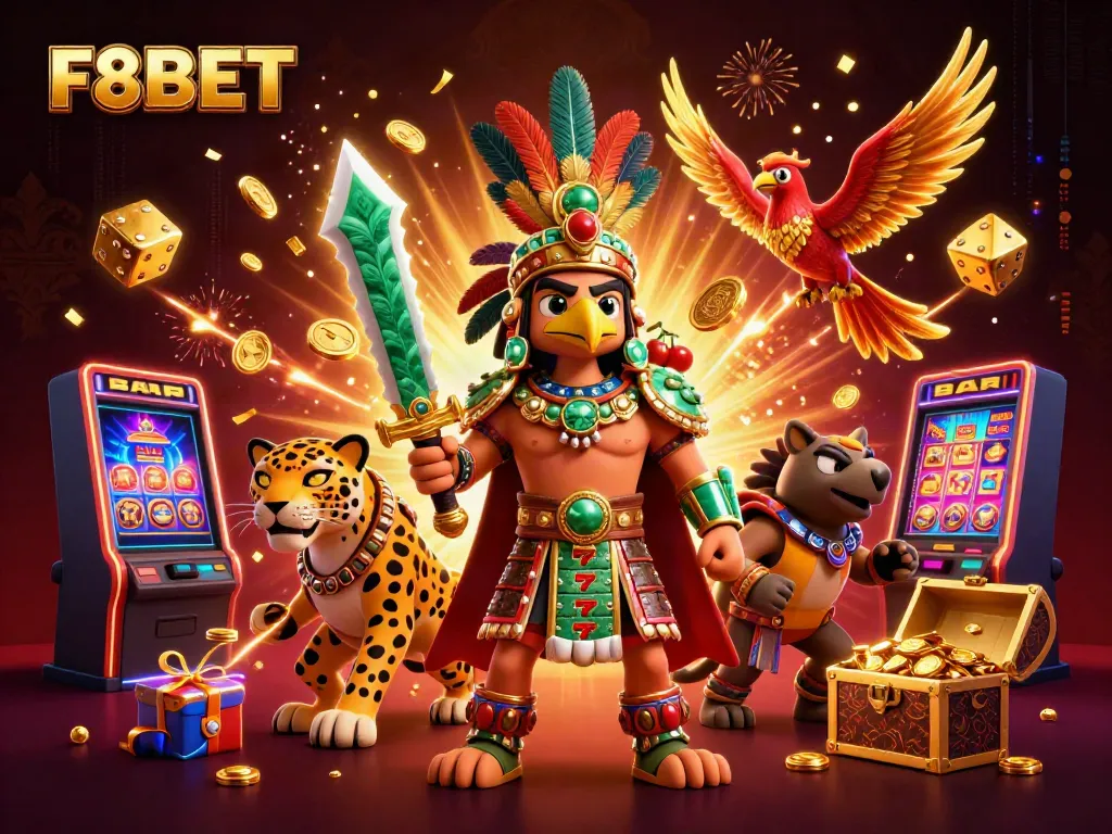 Experience the thrill of F8BET with colorful jackpots, slot machines, and 3D characters in a vibrant casino scene.