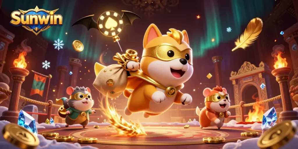Experience the thrill of Sunwin gaming with a superhero dog and hamster in an epic 3D scene.