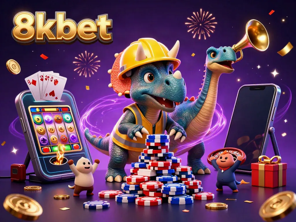 Engage in the thrill of 8xbet with dynamic scenes of cartoon dinosaurs celebrating casino victories amidst vibrant gaming elements.