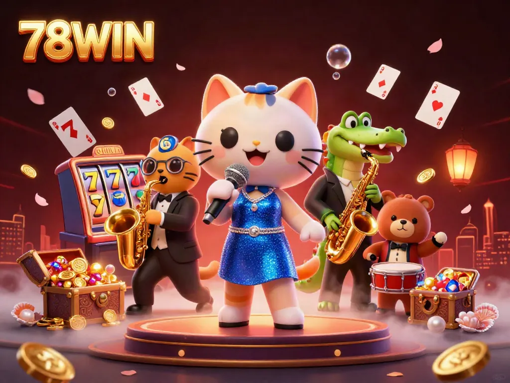 Join the entertainment at 78WIN with a vibrant casino scene showcasing lively characters and spectacular game elements.
