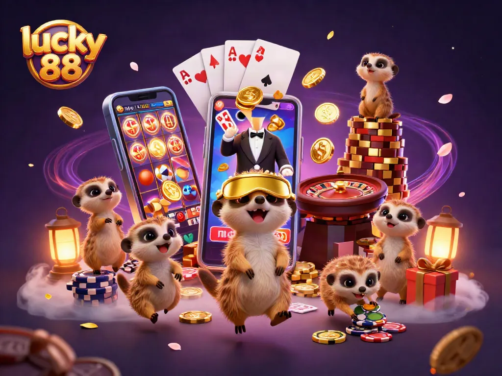 Experience the excitement of lucky 88 with meerkats managing a vibrant casino scene filled with slots and cards.