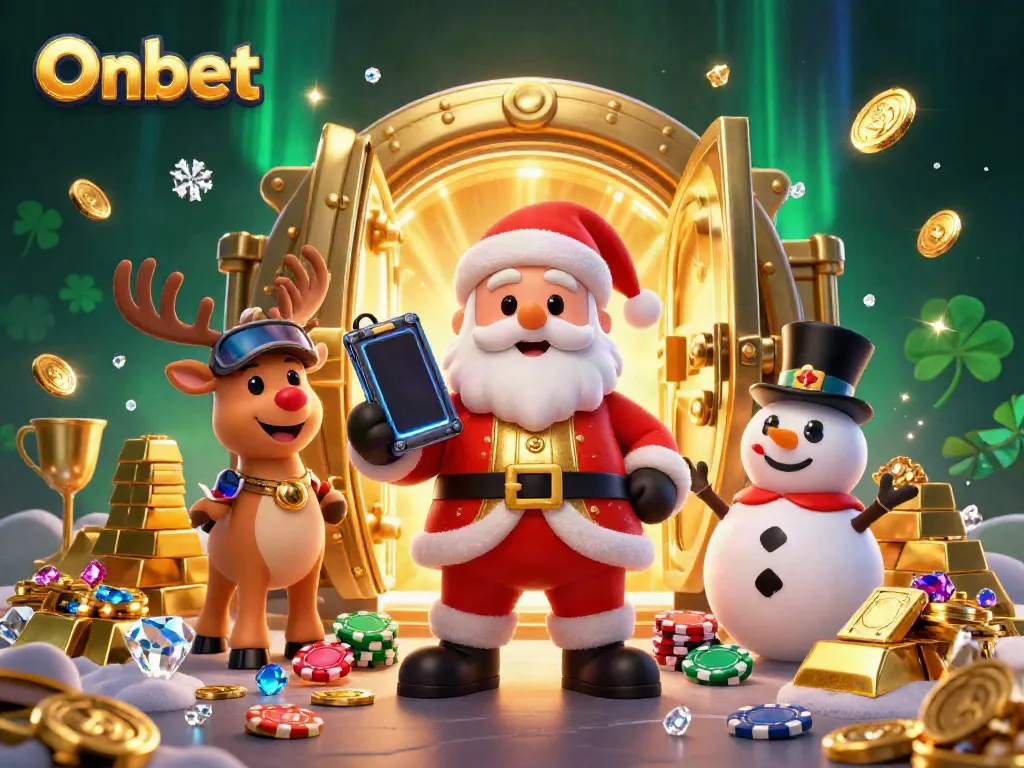 Experience exciting jackpots at Onbet's casino with Santa and friends celebrating surrounded by riches.