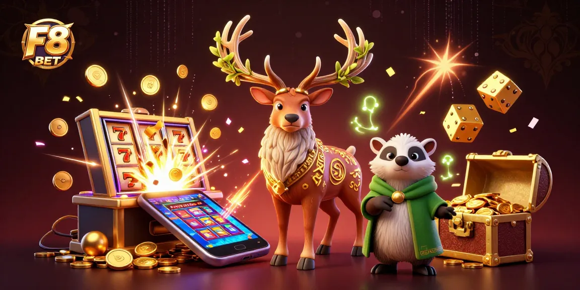 Engage with the dynamic F8 BET scene featuring a stag, badger, and casino elements in a vibrant 3D illustration.
