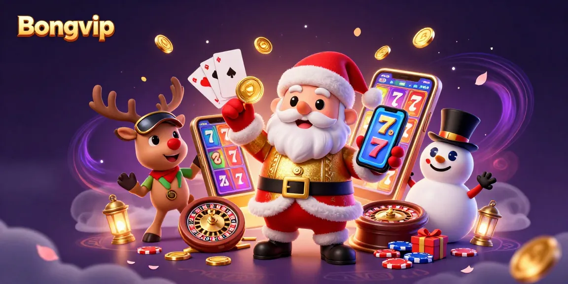 Bongvip showcases Santa celebrating with jackpots and festive casino fun in a vibrant illustration.