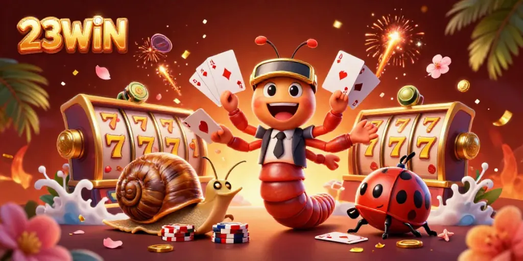 Engaging 3D illustration showing 23WIN casino action with vibrant characters and gaming elements.