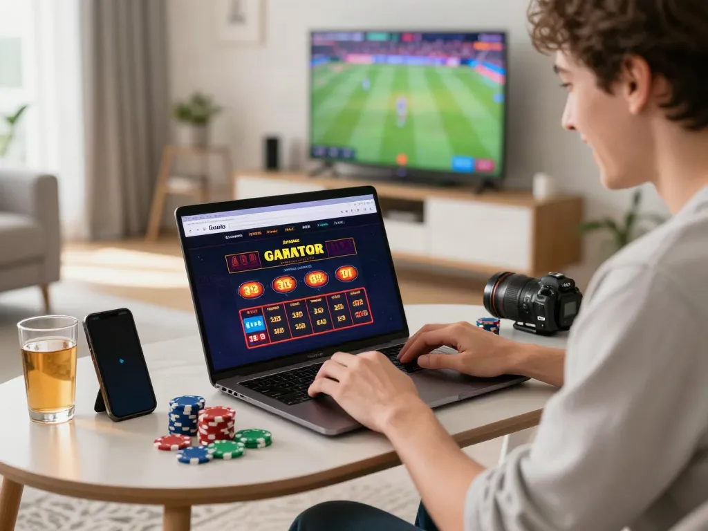 Engaging scene of a gamer enjoying online casinos not on GamStop from a stylish living room.