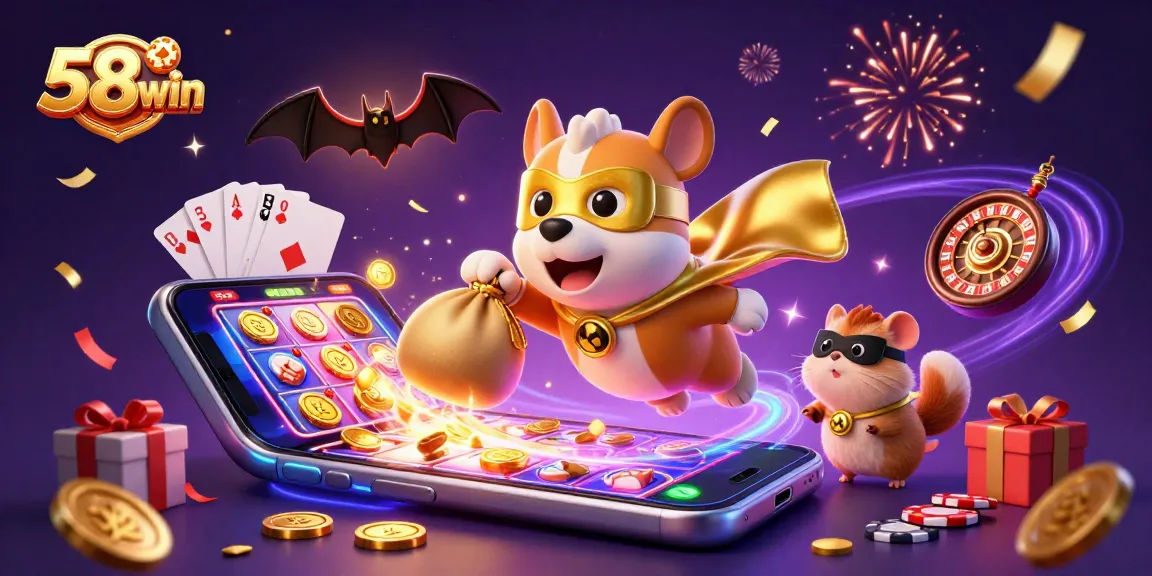 Win big with 58win as a cartoon superhero dog and sidekick celebrate gambling excitement!