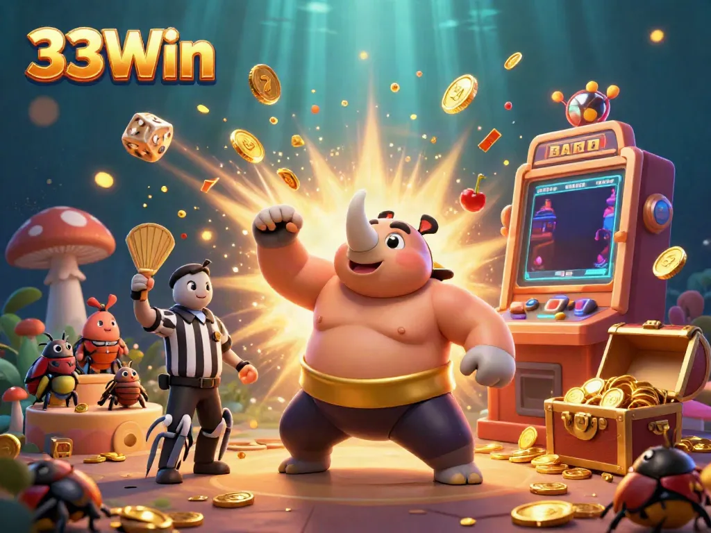 Experience thrilling entertainment at 33Win with vibrant characters among a jackpot explosion, captivating players.