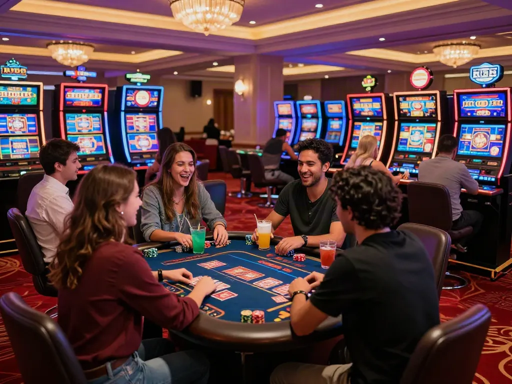 Exciting vibrant atmosphere of online casinos not on gamstop featuring players at gaming tables and colorful slot machines.