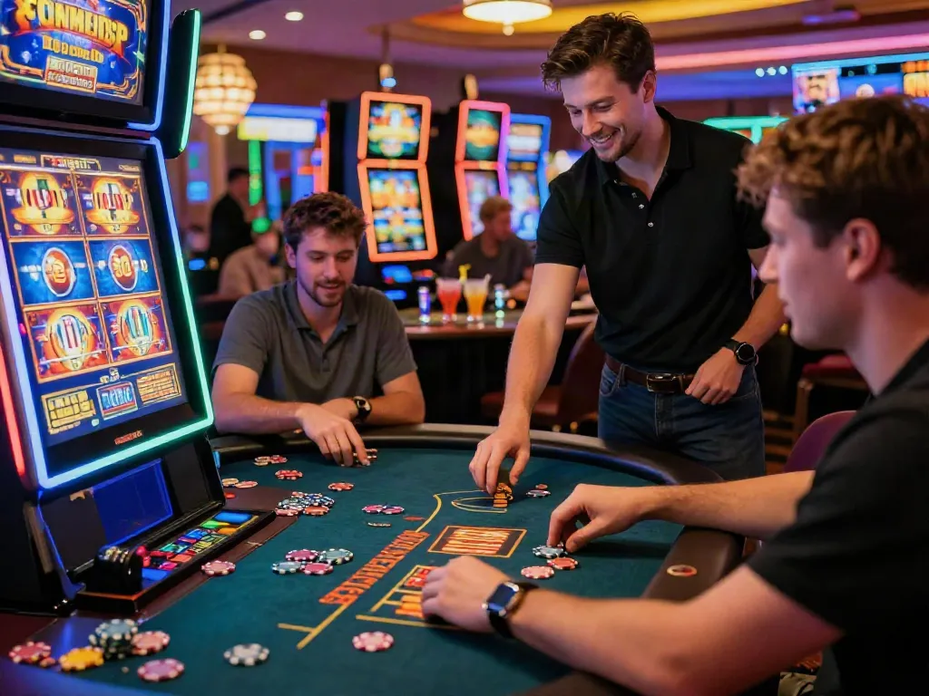 Engaging scene of players at online casinos not on gamstop enjoying games in a lively atmosphere.