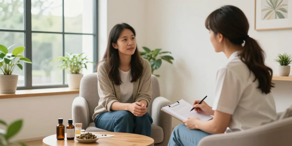 Naturopath Surrey consulting a woman in a serene environment, highlighting personalized holistic health discussions.