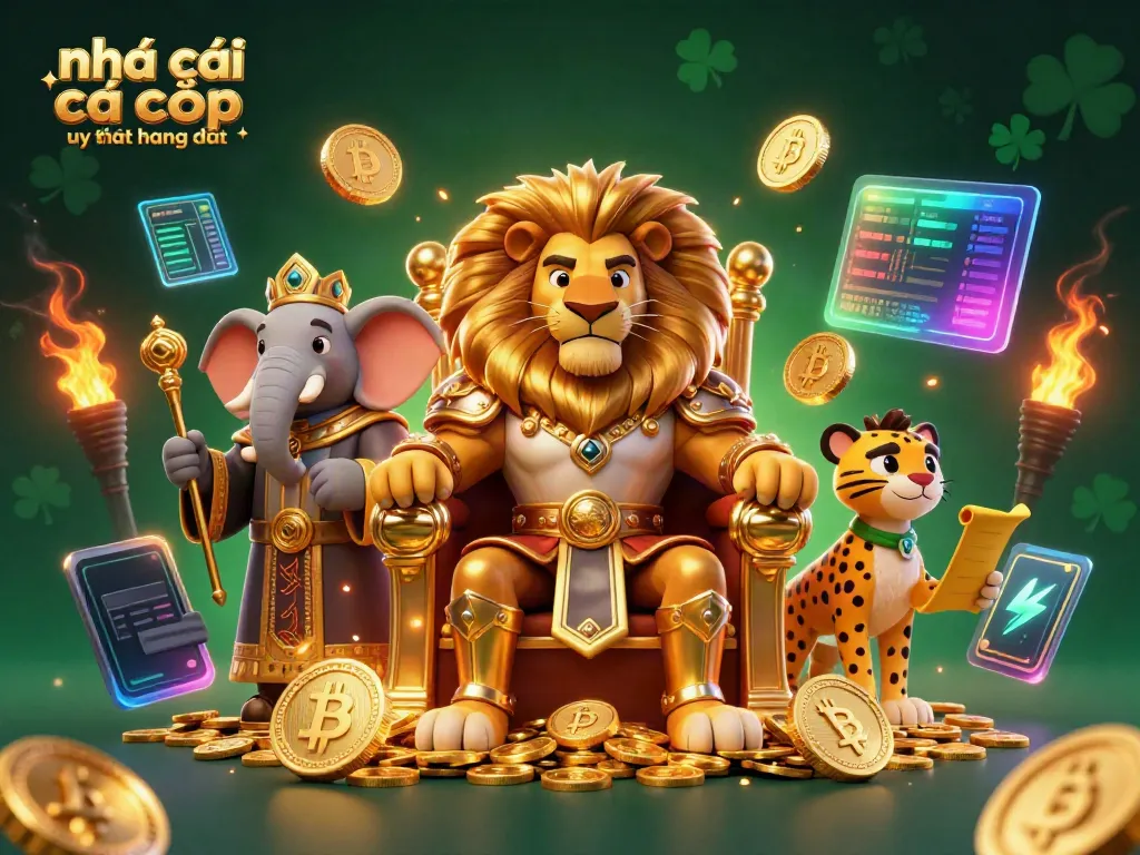 Engage at nhà cái cá cược uy tín hàng đầu with a majestic scene of a lion king and gaming elements.