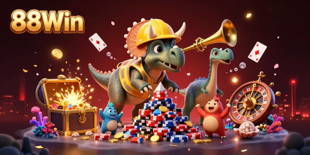 88Win game scene with cheerful dinosaurs building poker chip towers amidst casino elements, showcasing excitement.