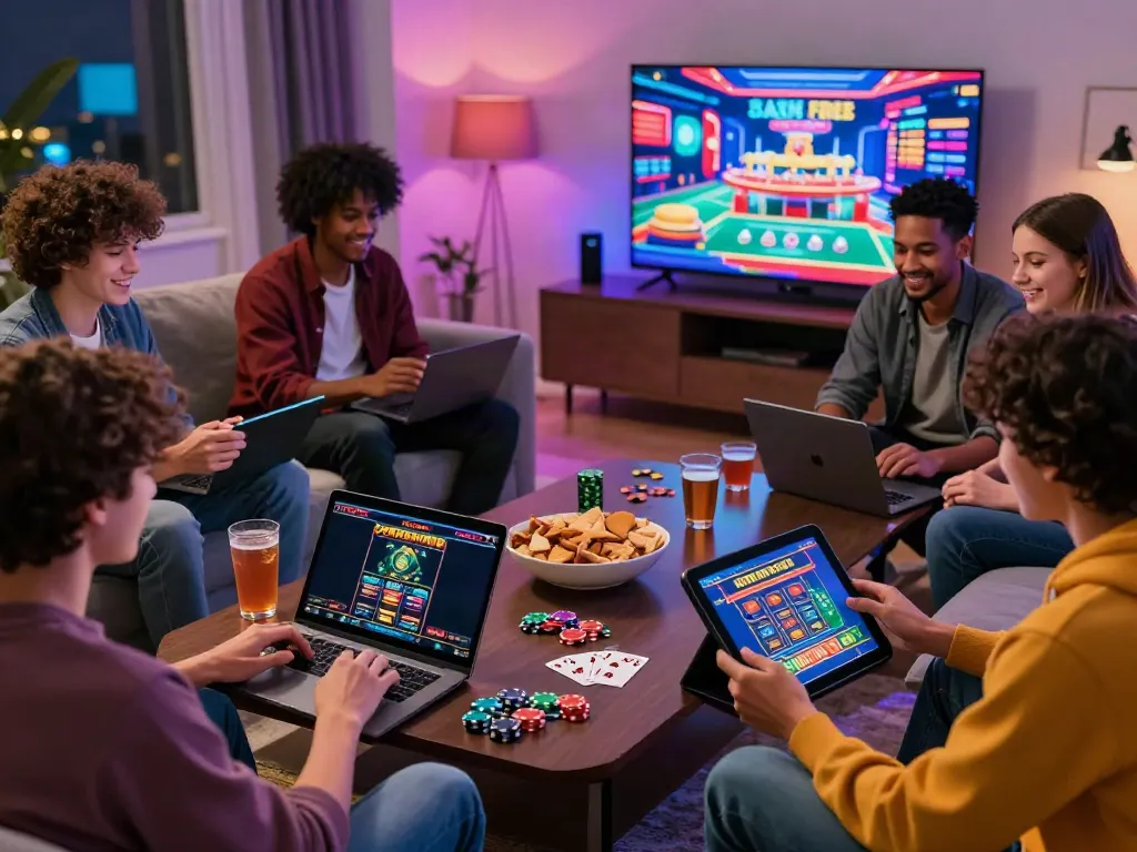 Exciting online casinos not on gamstop game night with friends in a modern living room.