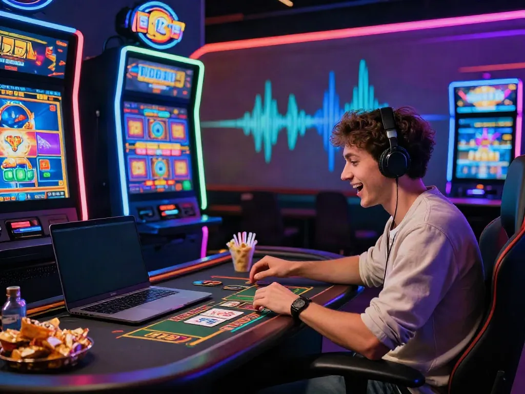 Player enjoying online casinos not on gamstop, engaged with live dealer games and vibrant gaming atmosphere
