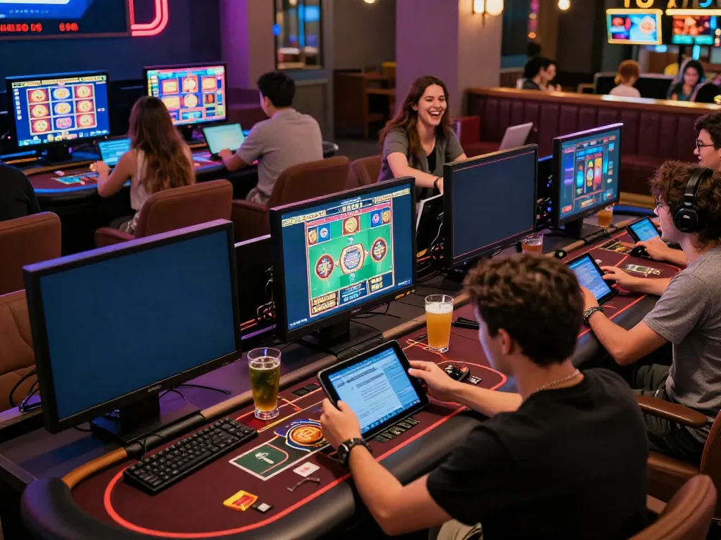 Players enjoying online casinos not on gamstop in a vibrant gaming lounge.