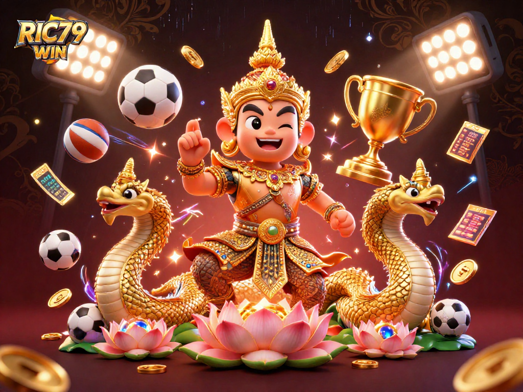 Experience the thrill of RIC79 WIN with dynamic sports elements and vibrant casino art.