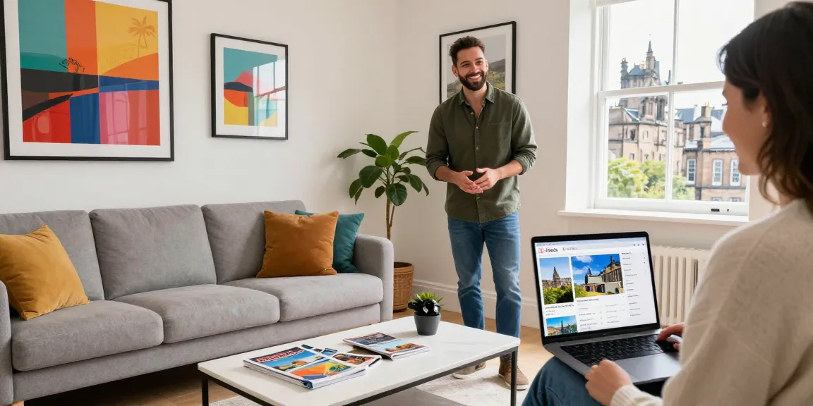 Edinburgh Airbnb management: Host welcomes guests in a stylish flat with city views and vibrant decor.