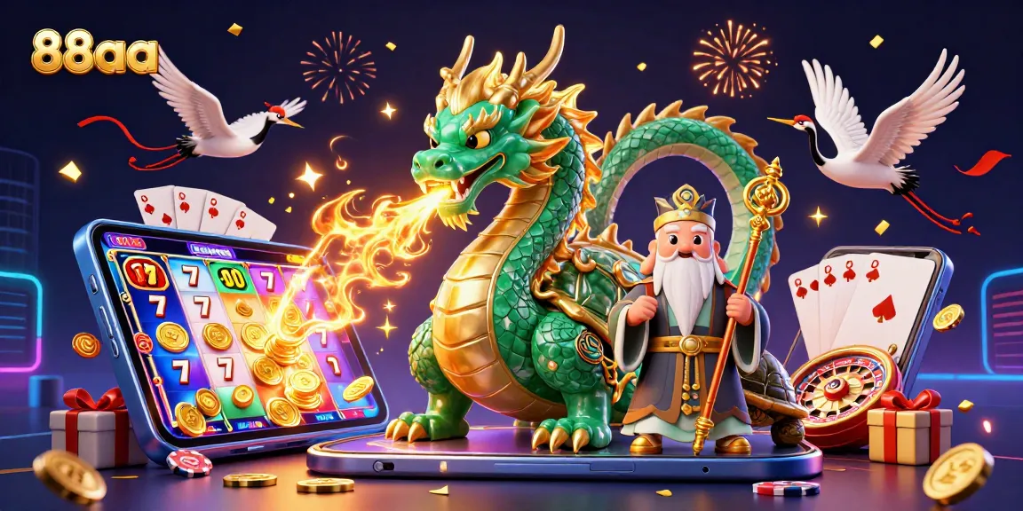 Experience 88aa with vibrant dragon, turtle sage, and cranes celebrating casino gaming fun.