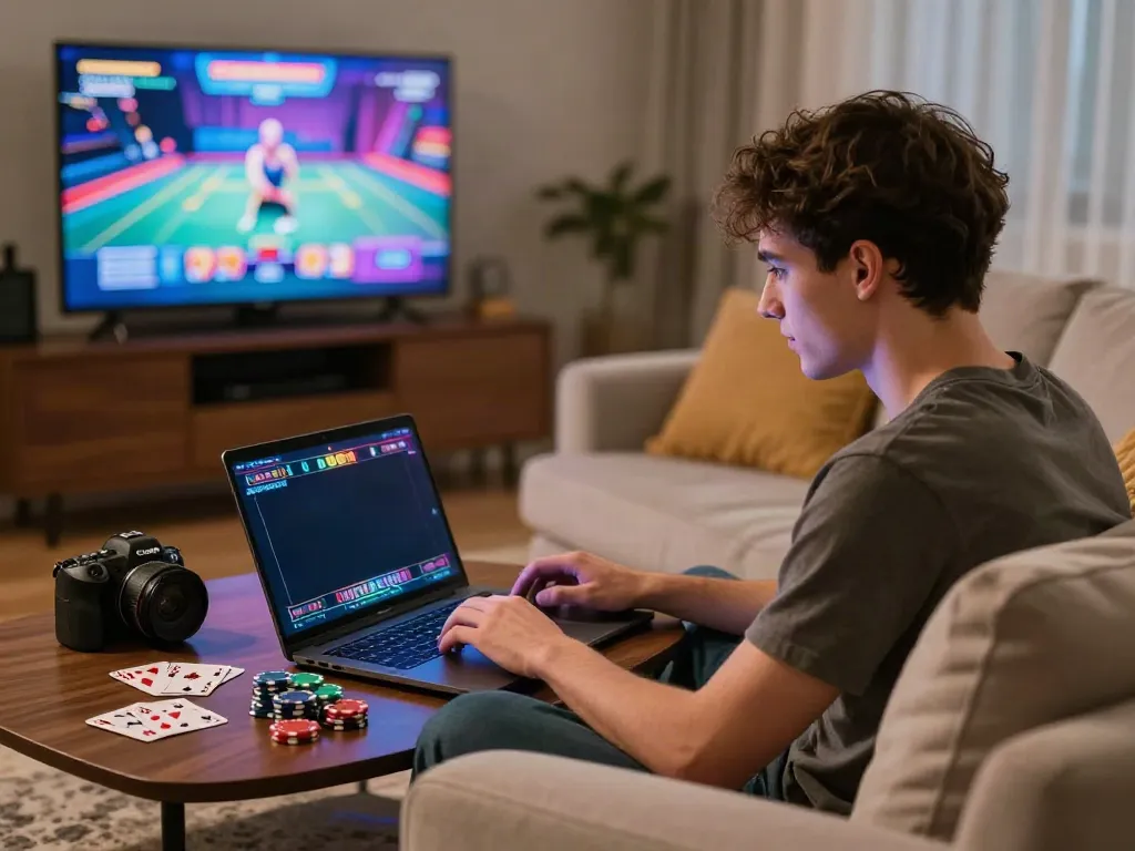 Engaging online casinos not on GamStop gaming scene with vibrant home setup.