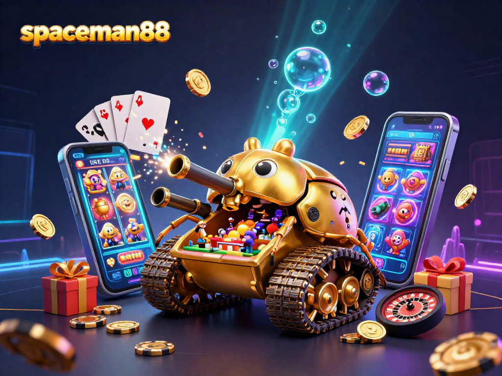 Experience the thrill of spaceman88 slots with a vibrant golden casino tank and dynamic game elements.