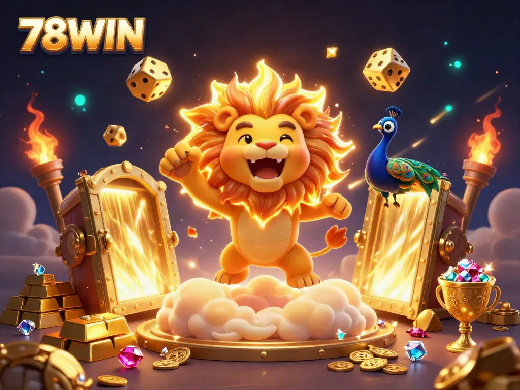 Engage in the excitement of 78WIN with this vibrant 3D casino scene, featuring golden treasures and dynamic characters.
